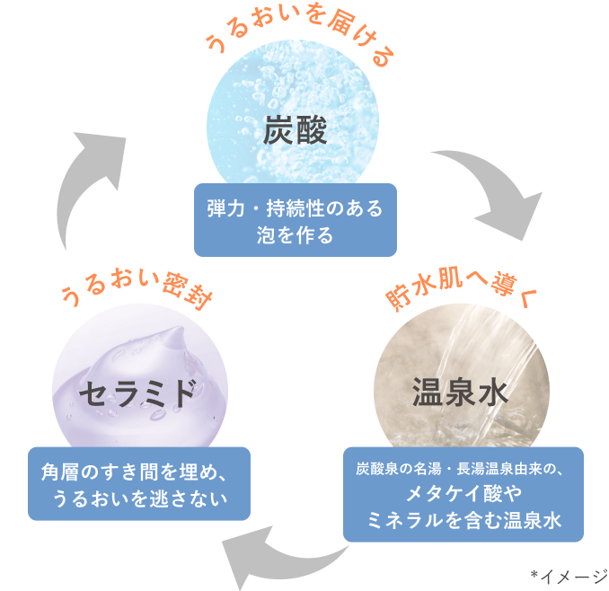うるおいを届ける 炭酸 弾力・持続性のある泡を作る うるおい密封 セラミド 角層のすき間を埋め、うるおいを逃さない 貯水肌へ導く 温泉水 炭酸泉の名湯・長湯温泉由来の、メタケイ酸やミネラルを含む温泉水