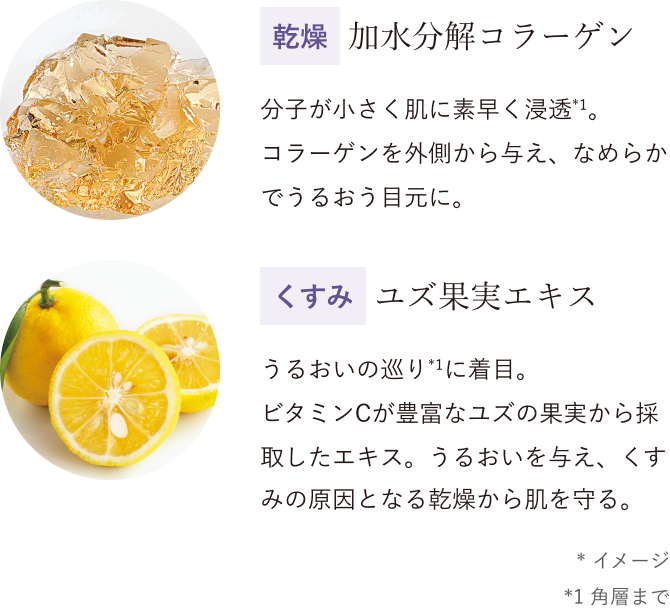 乾燥 加水分解コラーゲン 分子が小さく肌に素早く浸透*1。 コラーゲンを外側から与え、なめらかでうるおう目元に。/くすみ ユズ果実エキス うるおいの巡り*1に着目。 ビタミンCが豊富なユズの果実から採取したエキス。うるおいを与え、くすみの原因となる乾燥から肌を守る。 *イメージ *1角層まで