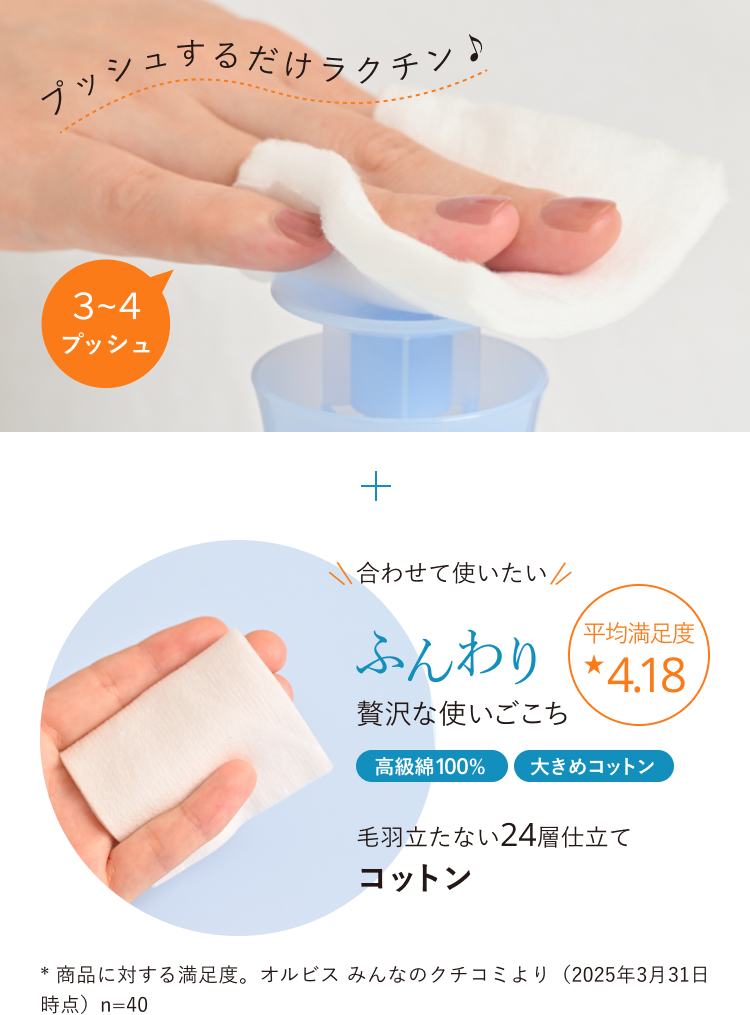 プッシュするだけでラクチン♪3〜4プッシュ＋合わせて使いたいふんわり贅沢な使いごこち 高級綿100% 大きめコットン 毛羽立たない24層仕立てコットン 平均満足度★4.18／*商品に対する満足度。オルビス みんなのクチコミより（2025年3月31日時点）n=40