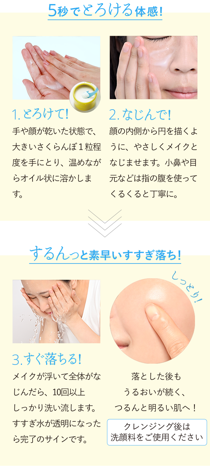 5秒でとろける体感!1.とろけて！手や顔が乾いた状態で、大きいさくらんぼ1粒程度を手にとり、温めながらオイル状に溶かします。2.なじんで!顔の内側から円を描くように、やさしくメイクとなじませます。小鼻や目元などは指の腹を使ってくるくると丁寧に。／するんっと素早いすすぎ落ち！3.すぐ落ちる!メイクが浮いて全体がなじんだら、10回以上しっかり洗い流します。すすぎ水が透明になったら完了のサインです。／落とした後もうるおいが続く、つるんと明るい肌へ！ クレンジング後は洗顔料をご使用ください
