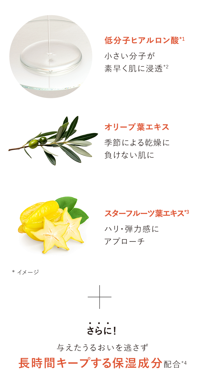 低分子ヒアルロン酸*1 小さい分子が素早く肌に浸透*2／オリーブ葉エキス 季節による乾燥に負けない肌に／スターフルーツ葉エキス*3 ハリ・弾力感にアプローチ *イメージ ＋ さらに！与えたうるおいを逃さず長時間キープする保湿成分配合*4